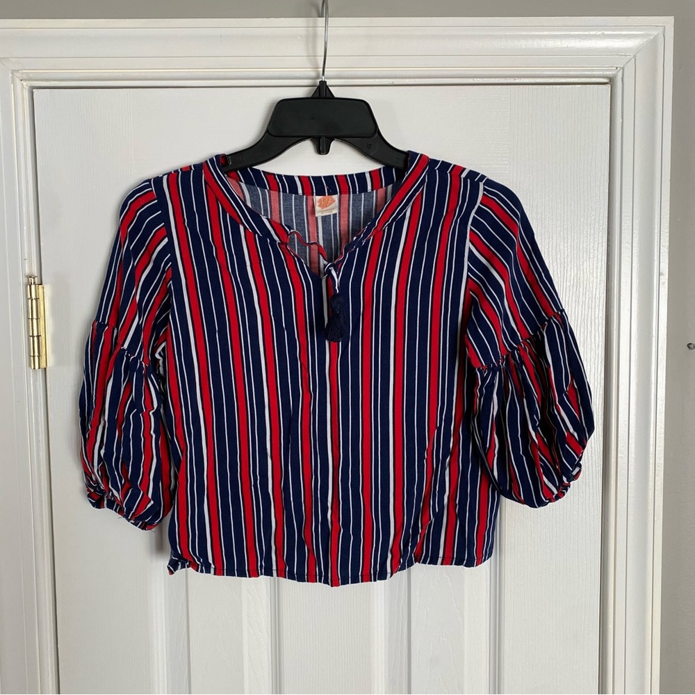 Young & Free Red White & Blue Striped Puff Sleeve Blouse Girls 10 - 11 Years
